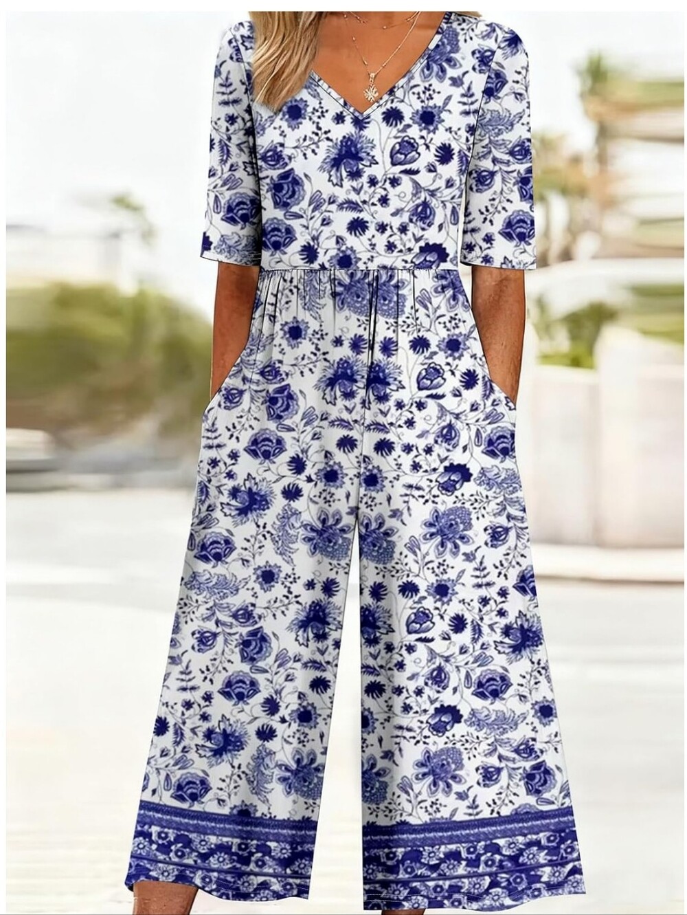 Blue Floral V-Neck Wide-Leg Jumpsuit Romper Size Small NIP